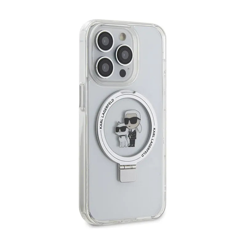 Karl Lagerfeld žiedinis stovas Karl & Choupette MagSafe – iPhone 14 Pro dėklas (baltas)