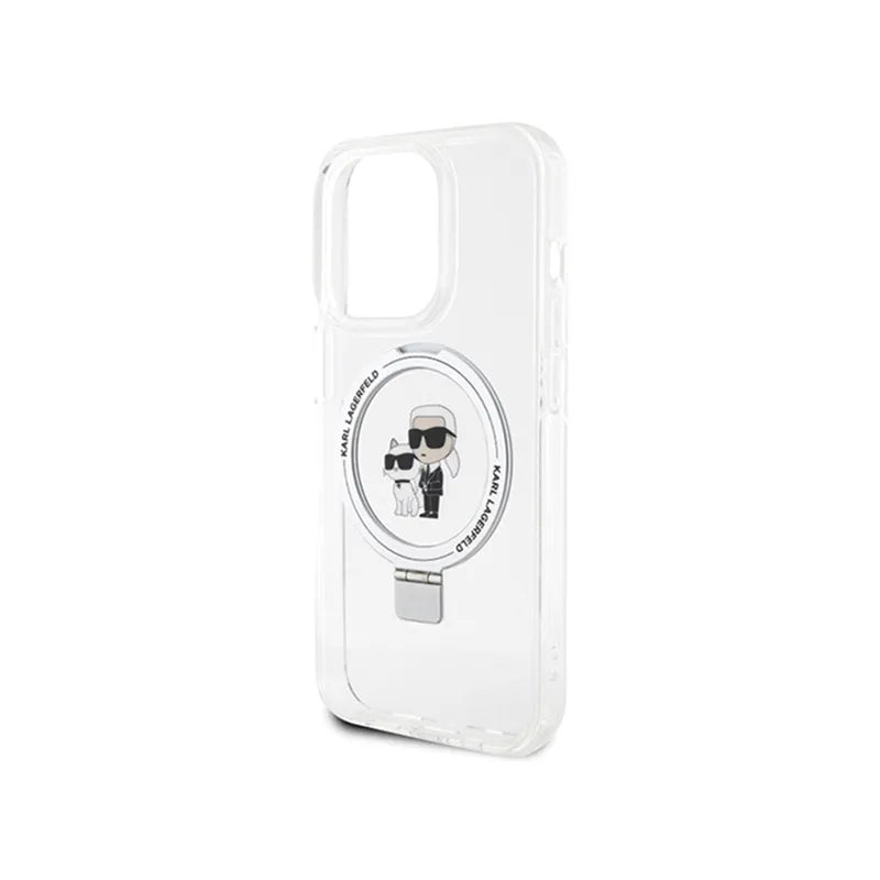 Karl Lagerfeld žiedinis stovas Karl & Choupette MagSafe – iPhone 14 Pro dėklas (baltas)