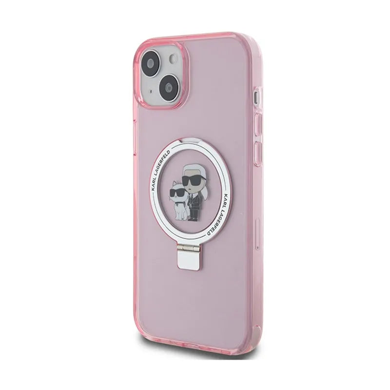 Karl Lagerfeld žiedo laikiklis Karl & Choupette MagSafe – „iPhone 15 Plus“ dėklas (rožinis)
