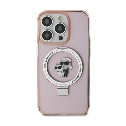 Karl Lagerfeld žiedo laikiklis Karl & Choupette MagSafe – „iPhone 15 Plus“ dėklas (rožinis)