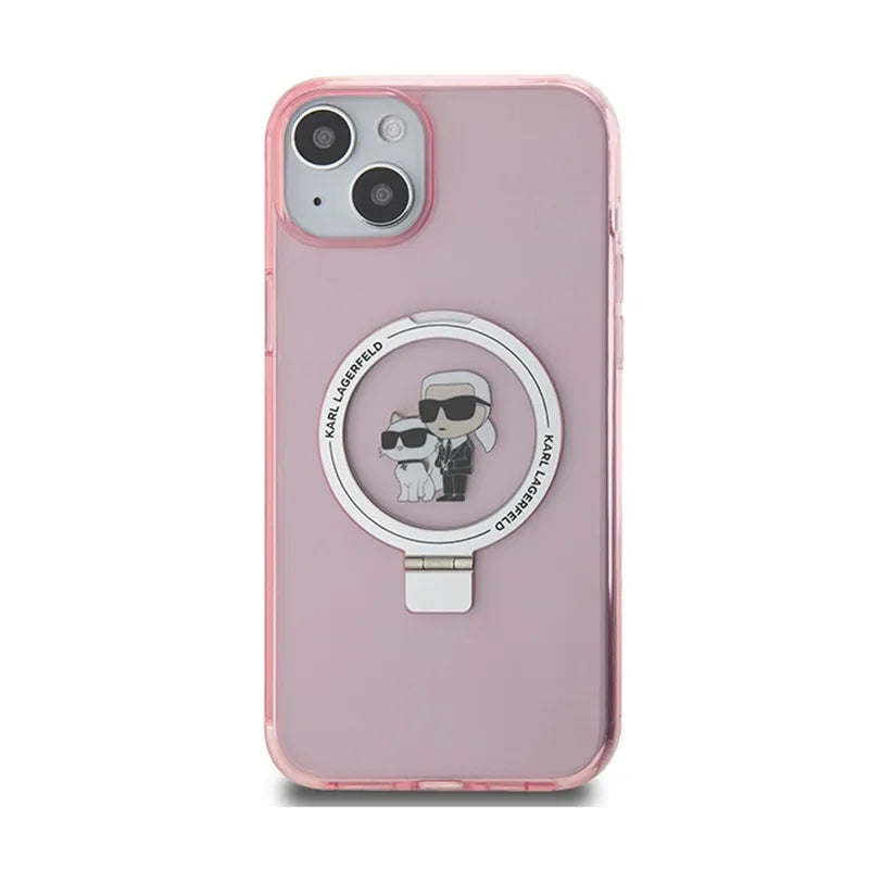 Karl Lagerfeld žiedo laikiklis Karl & Choupette MagSafe – „iPhone 15 Plus“ dėklas (rožinis)