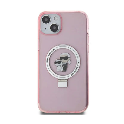 Karl Lagerfeld žiedo laikiklis Karl & Choupette MagSafe – „iPhone 15 Plus“ dėklas (rožinis)