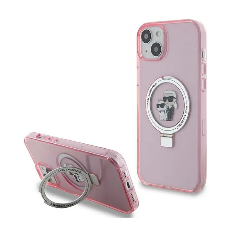 Karl Lagerfeld žiedo laikiklis Karl & Choupette MagSafe – „iPhone 15 Plus“ dėklas (rožinis)