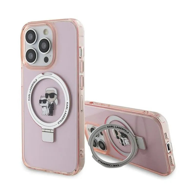 Karl Lagerfeld Žiedo laikiklis Karl & Choupette MagSafe – iPhone 15 Pro dėklas (rožinė)