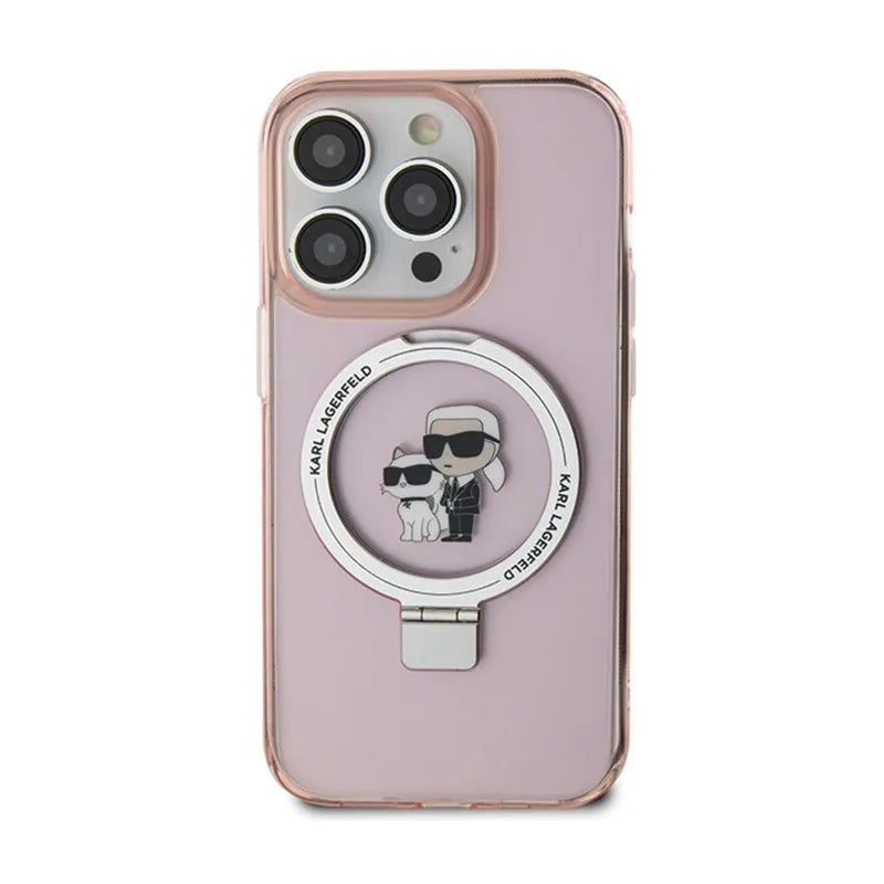 Karl Lagerfeld Žiedo laikiklis Karl & Choupette MagSafe – iPhone 15 Pro dėklas (rožinė)