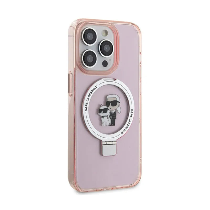 Karl Lagerfeld Žiedo laikiklis Karl & Choupette MagSafe – iPhone 15 Pro dėklas (rožinė)