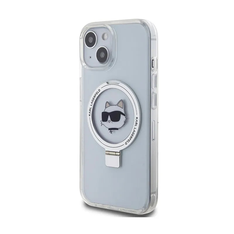 Karl Lagerfeld žiedo stovas Choupette Head MagSafe – „iPhone 15“ dėklas (baltas)