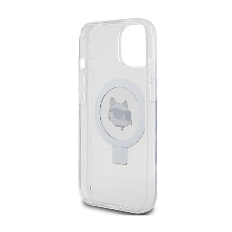 Karl Lagerfeld žiedo stovas Choupette Head MagSafe – „iPhone 15“ dėklas (baltas)