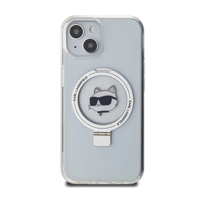 Karl Lagerfeld žiedo stovas Choupette Head MagSafe – „iPhone 15“ dėklas (baltas)