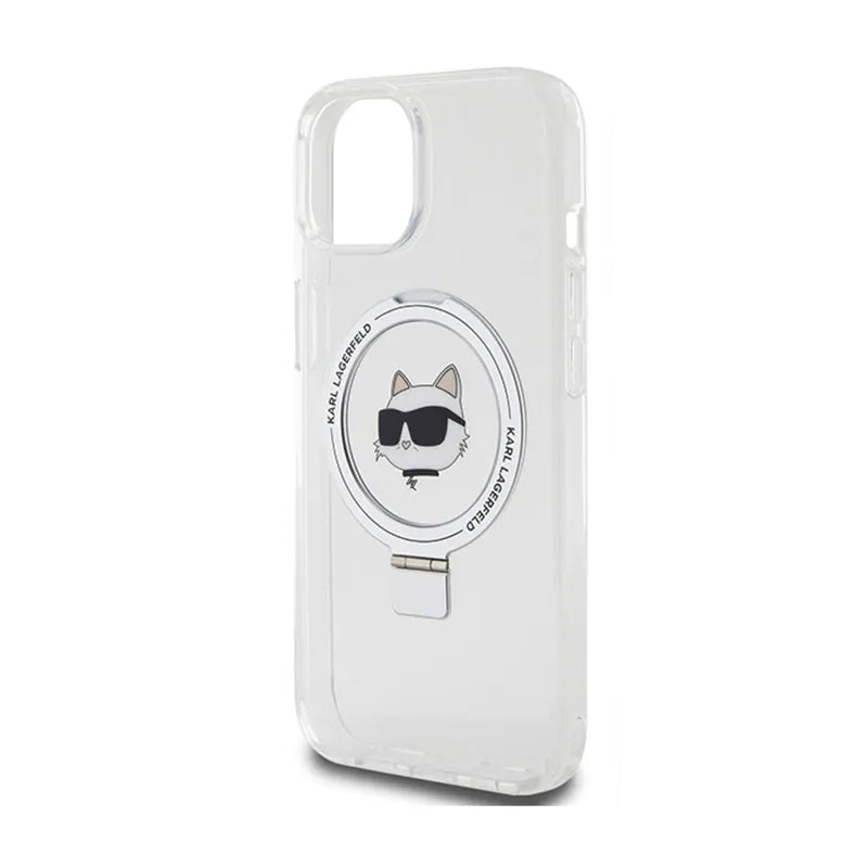 Karl Lagerfeld žiedo stovas Choupette Head MagSafe – „iPhone 15“ dėklas (baltas)