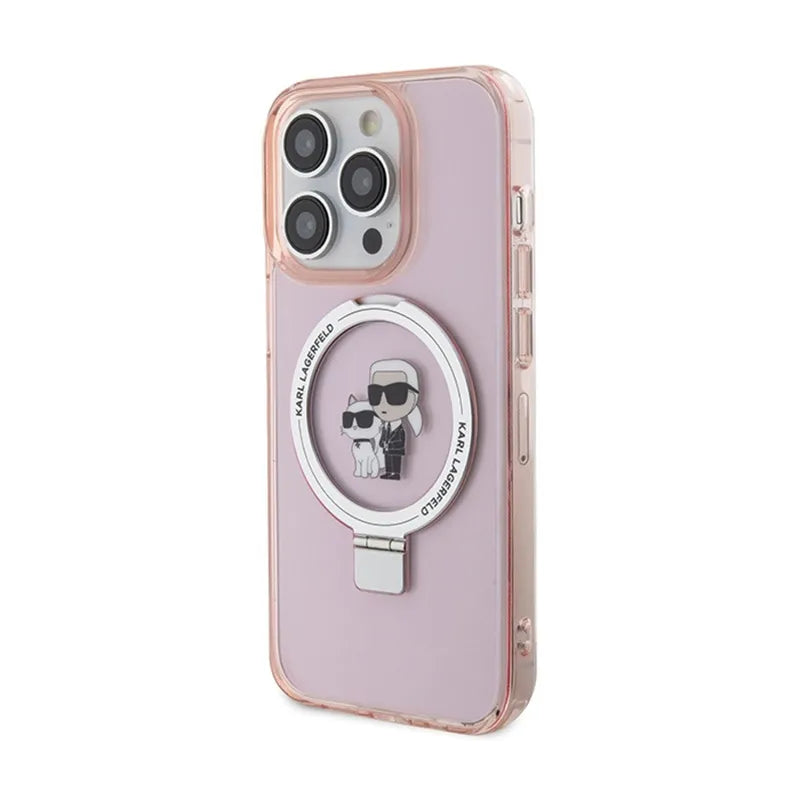 Karl Lagerfeld žiedo stovas Karl & Choupette MagSafe – iPhone 15 Pro Max dėklas (rožinis)