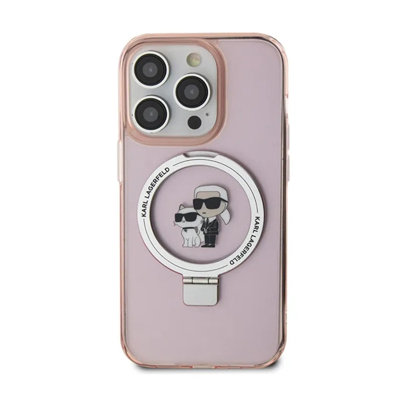 Karl Lagerfeld žiedo stovas Karl & Choupette MagSafe – iPhone 15 Pro Max dėklas (rožinis)
