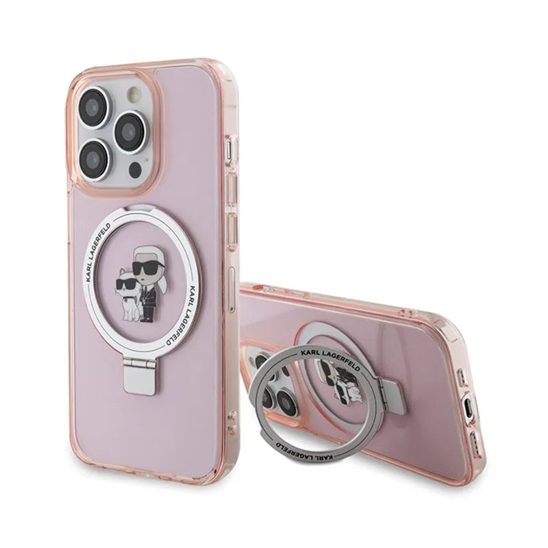 Karl Lagerfeld žiedo stovas Karl & Choupette MagSafe – iPhone 15 Pro Max dėklas (rožinis)