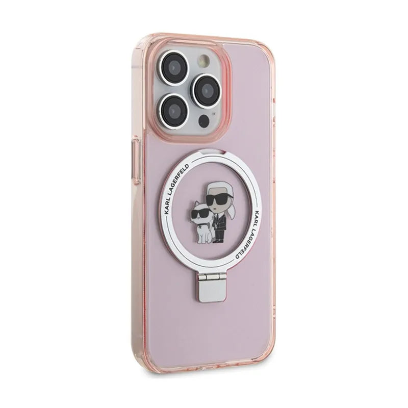 Karl Lagerfeld žiedo stovas Karl & Choupette MagSafe – iPhone 15 Pro Max dėklas (rožinis)