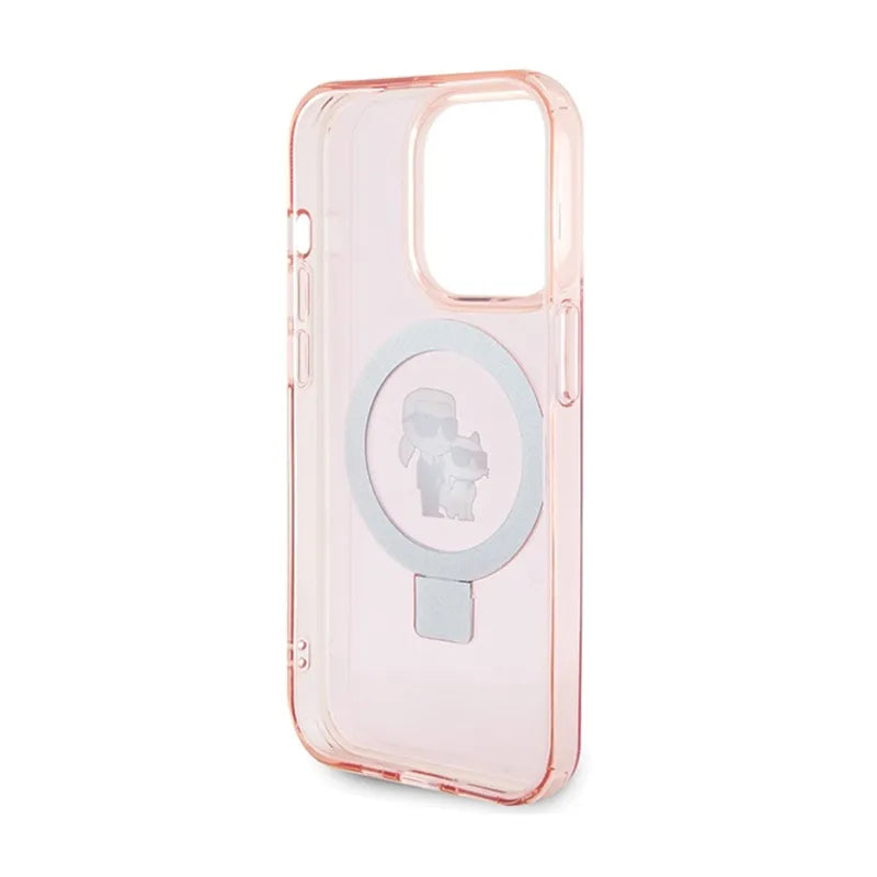Karl Lagerfeld žiedo stovas Karl & Choupette MagSafe – iPhone 15 Pro Max dėklas (rožinis)