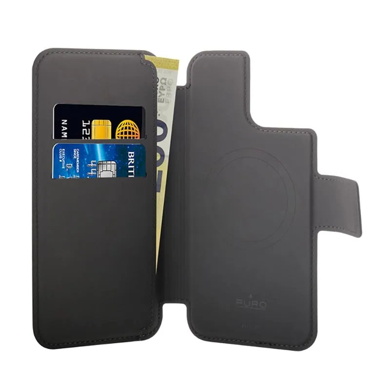 PURO Folio MagSafe dėklas - dėklas 2in1 skirtas iPhone 15 Plus / 14 Plus / 12 Pro Max (juodas)