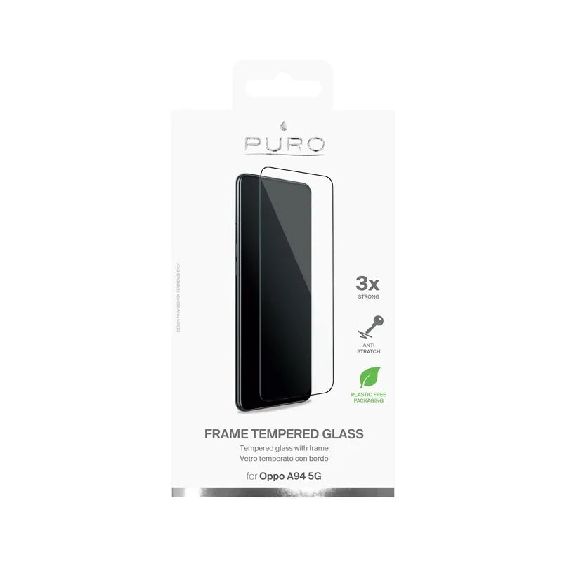 PURO Frame grūdintas stiklas – Oppo A94 5G grūdintas stiklas, apsauginis stiklas (juodas rėmelis)