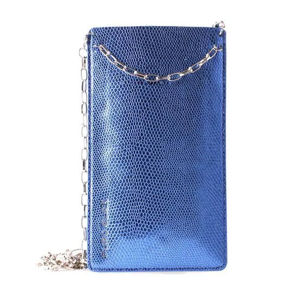PURO GLAM Chain – universalus dėklas išmaniesiems telefonams su 2 kortelių vietomis ir auksine grandinėle, XL (mėlynas)