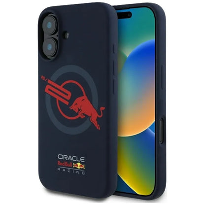 „Red Bull“ HC silikoninis dėklas su logotipu, raudonu pamušalu ir „MagSafe“ palaikymu – „iPhone 16“ dėklas (tamsiai mėlynas)