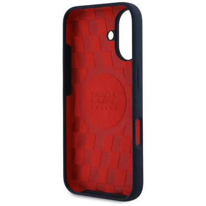 „Red Bull“ HC silikoninis dėklas su logotipu, raudonu pamušalu ir „MagSafe“ palaikymu – „iPhone 16“ dėklas (tamsiai mėlynas)