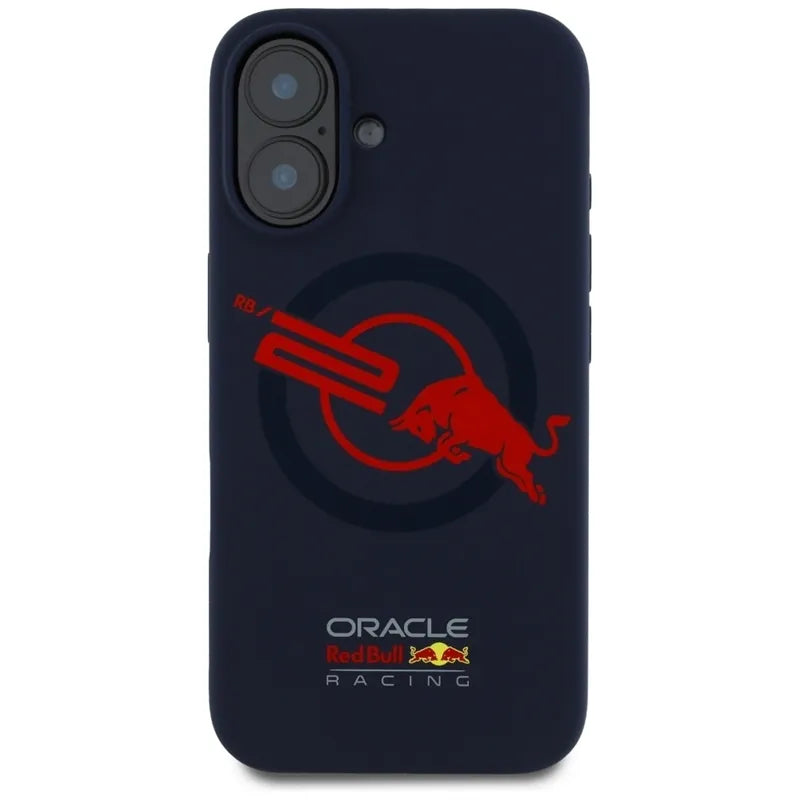 „Red Bull“ HC silikoninis dėklas su logotipu, raudonu pamušalu ir „MagSafe“ palaikymu – „iPhone 16“ dėklas (tamsiai mėlynas)