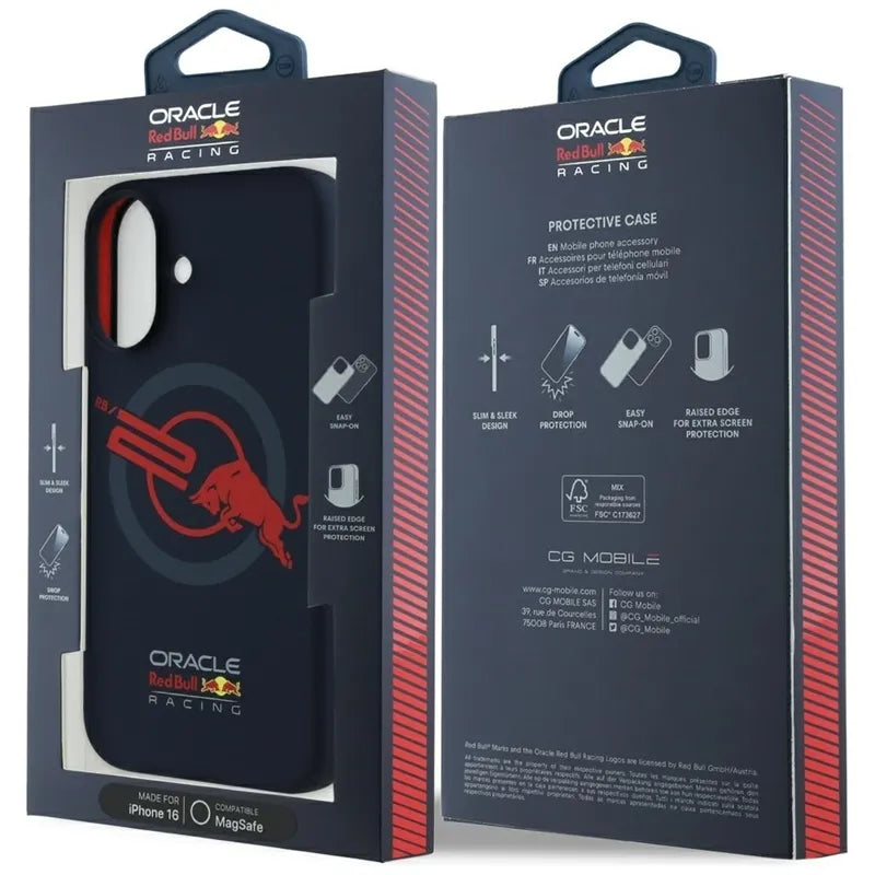 „Red Bull“ HC silikoninis dėklas su logotipu, raudonu pamušalu ir „MagSafe“ palaikymu – „iPhone 16“ dėklas (tamsiai mėlynas)