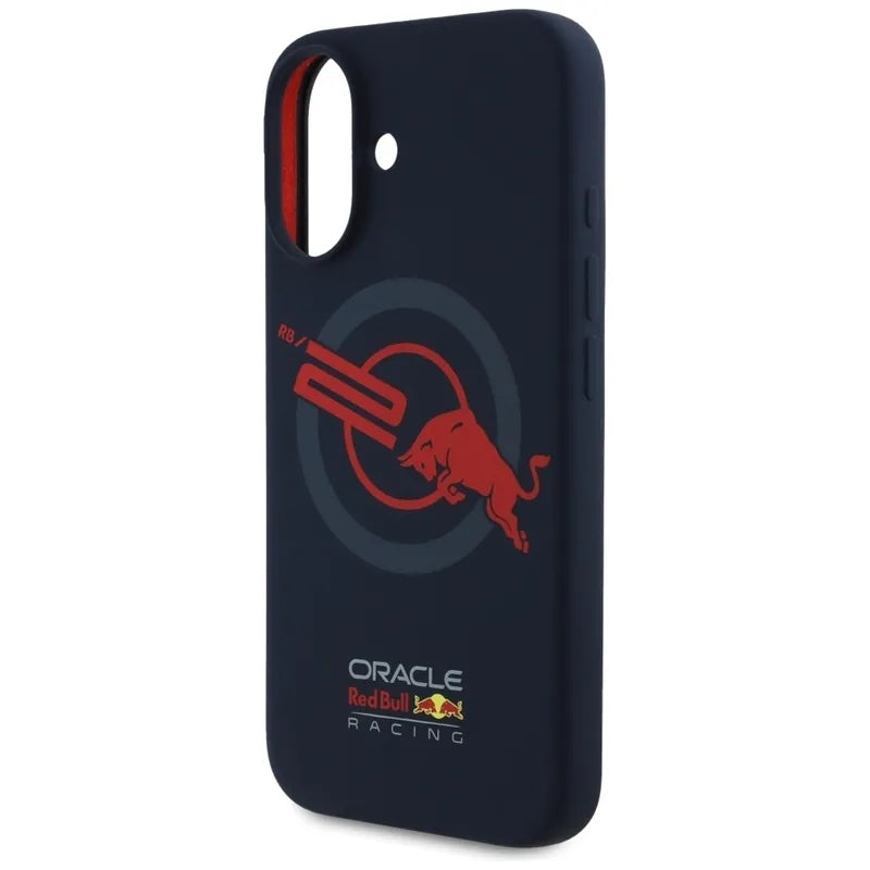„Red Bull“ HC silikoninis dėklas su logotipu, raudonu pamušalu ir „MagSafe“ palaikymu – „iPhone 16“ dėklas (tamsiai mėlynas)
