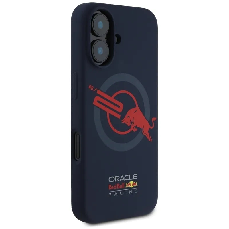 „Red Bull“ HC silikoninis dėklas su logotipu, raudonu pamušalu ir „MagSafe“ palaikymu – „iPhone 16“ dėklas (tamsiai mėlynas)
