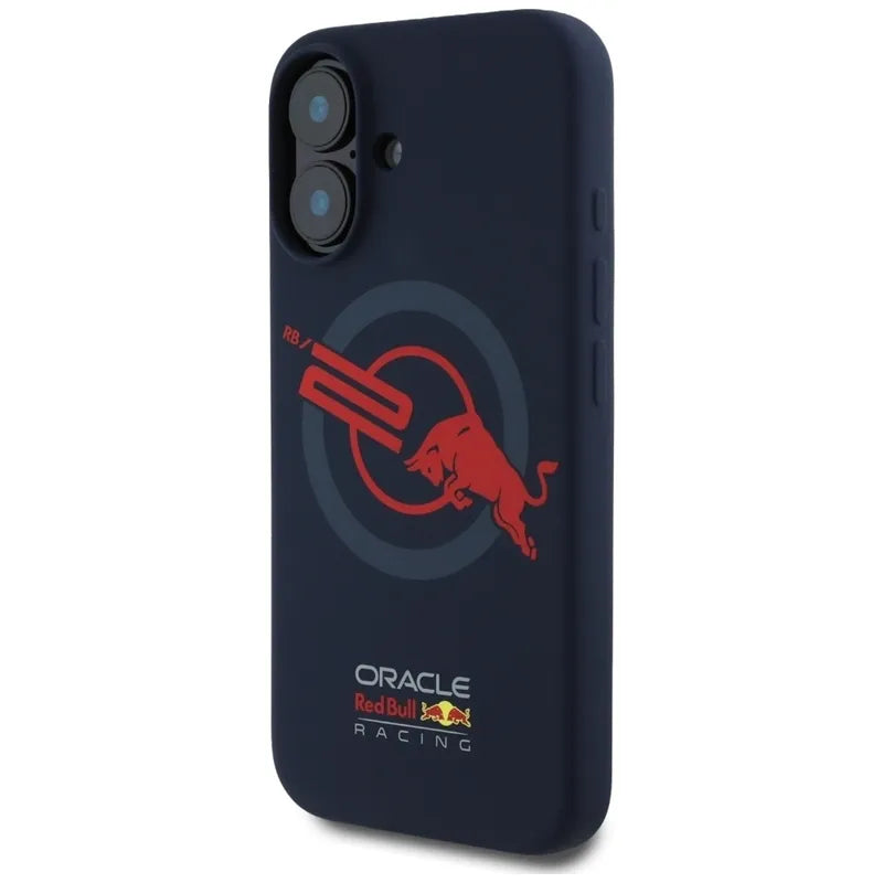 „Red Bull“ HC silikoninis dėklas su logotipu, raudonu pamušalu ir „MagSafe“ palaikymu – „iPhone 16“ dėklas (tamsiai mėlynas)