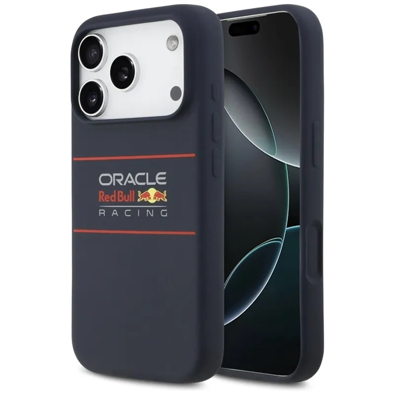 „Red Bull“ silikoninis dėklas „MagSafe“ su horizontaliai centruotu logotipu – „iPhone 17 Pro“ (tamsiai mėlynas)