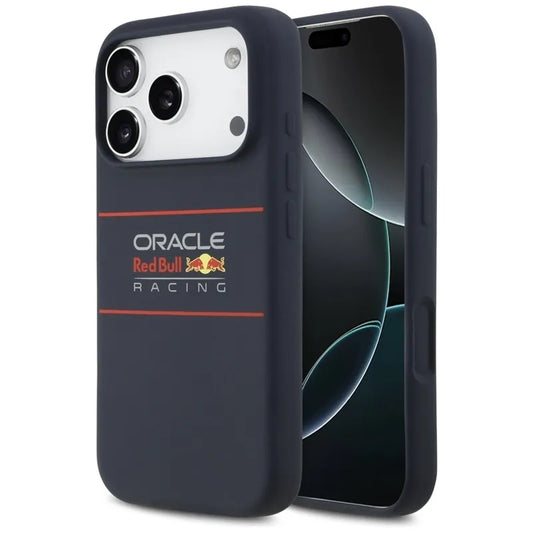 „Red Bull“ silikoninis dėklas „MagSafe“ su horizontaliai centruotu logotipu – „iPhone 17 Pro“ (tamsiai mėlynas)