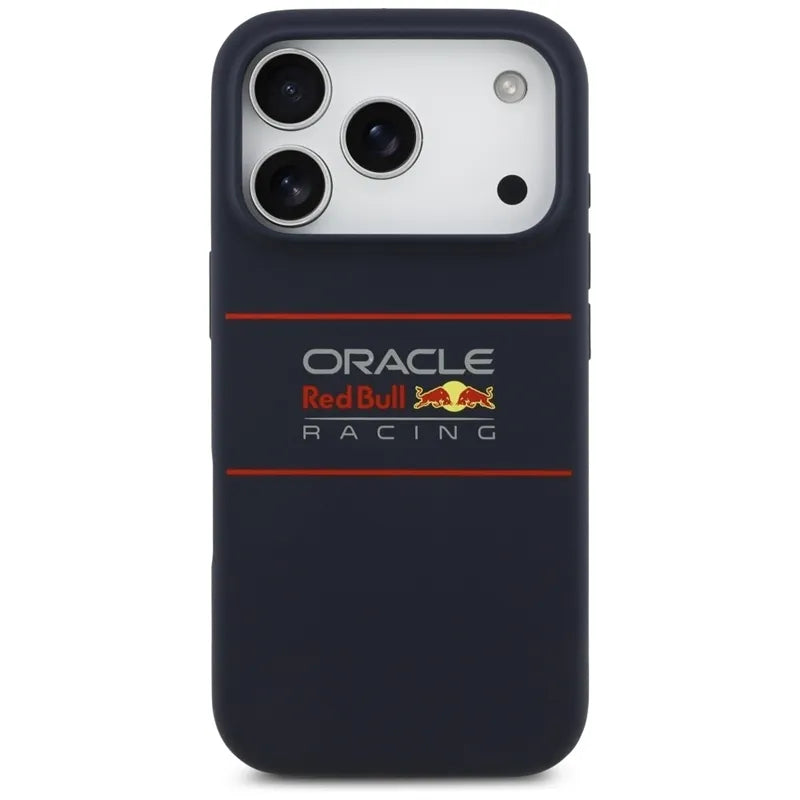 „Red Bull“ silikoninis dėklas „MagSafe“ su horizontaliai centruotu logotipu – „iPhone 17 Pro“ (tamsiai mėlynas)