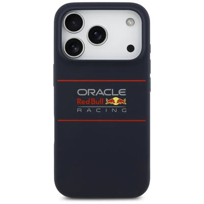 „Red Bull“ silikoninis dėklas „MagSafe“ su horizontaliai centruotu logotipu – „iPhone 17 Pro“ (tamsiai mėlynas)