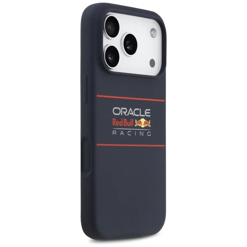 „Red Bull“ silikoninis dėklas „MagSafe“ su horizontaliai centruotu logotipu – „iPhone 17 Pro“ (tamsiai mėlynas)
