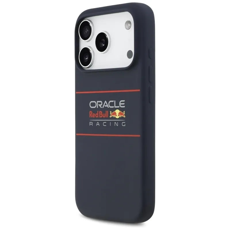 „Red Bull“ silikoninis dėklas „MagSafe“ su horizontaliai centruotu logotipu – „iPhone 17 Pro“ (tamsiai mėlynas)