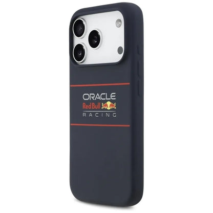 „Red Bull“ silikoninis dėklas „MagSafe“ su horizontaliai centruotu logotipu – „iPhone 17 Pro“ (tamsiai mėlynas)