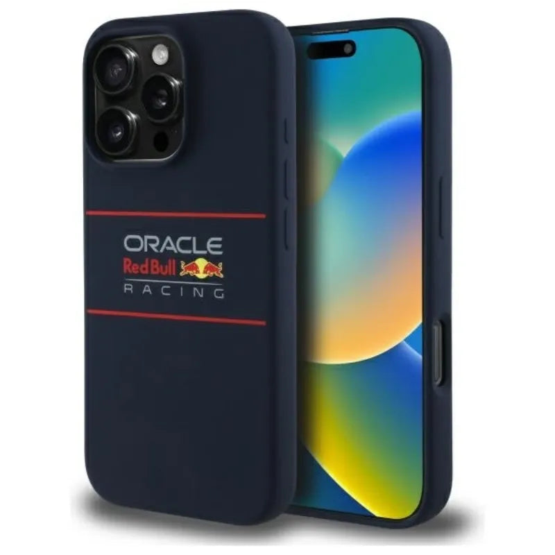 Red Bull silikoninis horizontalus logotipas MagSafe dėklas - iPhone 16 Pro Max (tamsiai mėlyna)
