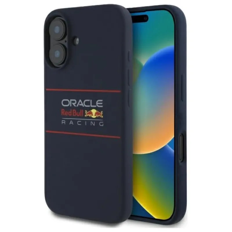 Red Bull silikoninis horizontalus logotipas MagSafe – iPhone 16 dėklas (tamsiai mėlynas)