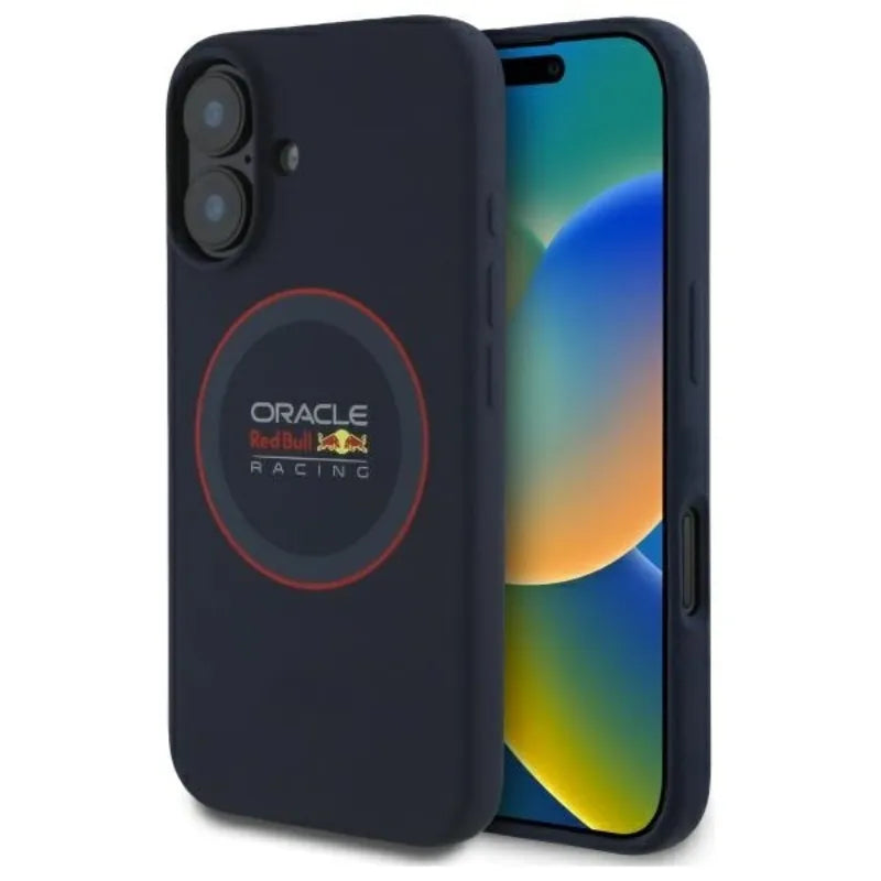 Red Bull silikoninis raudonas žiedas MagSafe – iPhone 16 Plus dėklas (tamsiai mėlynas)