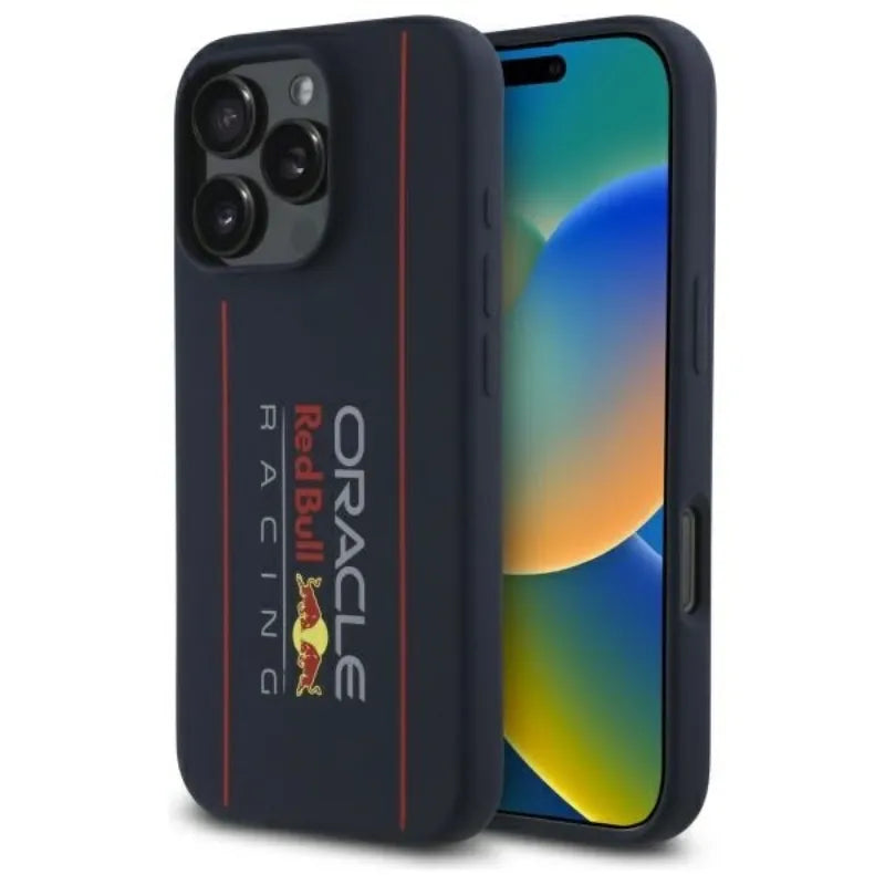 Red Bull silikoninis vertikalaus logotipo MagSafe dėklas - iPhone 16 Pro Max (tamsiai mėlynas)