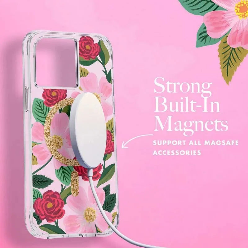 Rifle Paper Clear MagSafe – Aukso spalvos dekoruotas dėklas „iPhone 14 Plus“ (rožių sodas)