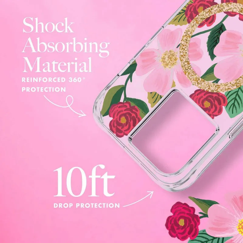Rifle Paper Clear MagSafe - dėklas dekoruotas auksu, skirtas iPhone 14 / iPhone 13 (Rose Garden)
