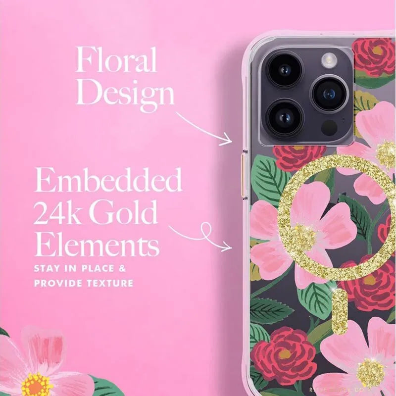 Rifle Paper Clear MagSafe – Dėklas papuoštas auksu, skirtas iPhone 14 Pro (Rose Garden)