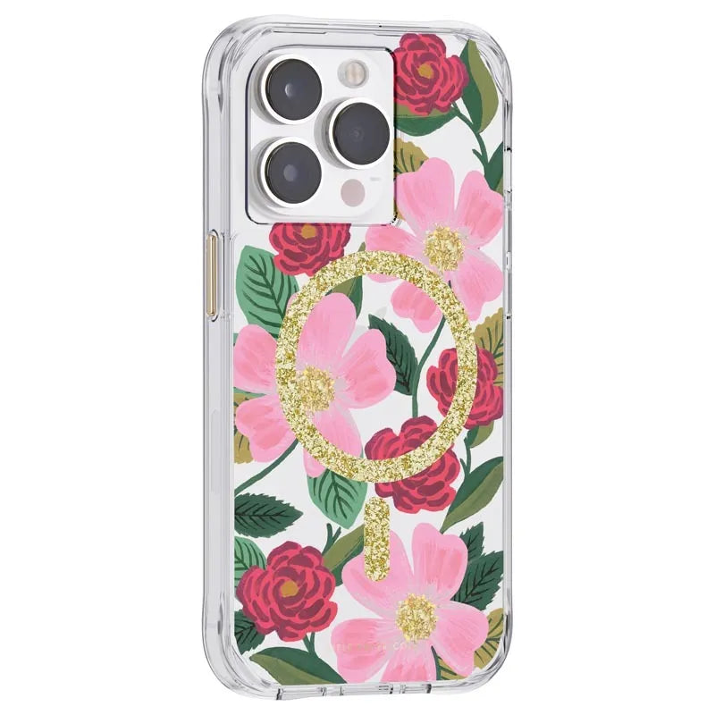 Rifle Paper Clear MagSafe – Dėklas papuoštas auksu, skirtas iPhone 14 Pro (Rose Garden)