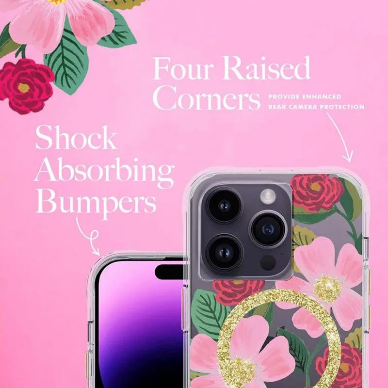 Rifle Paper Clear MagSafe – Dėklas papuoštas auksu, skirtas iPhone 14 Pro (Rose Garden)