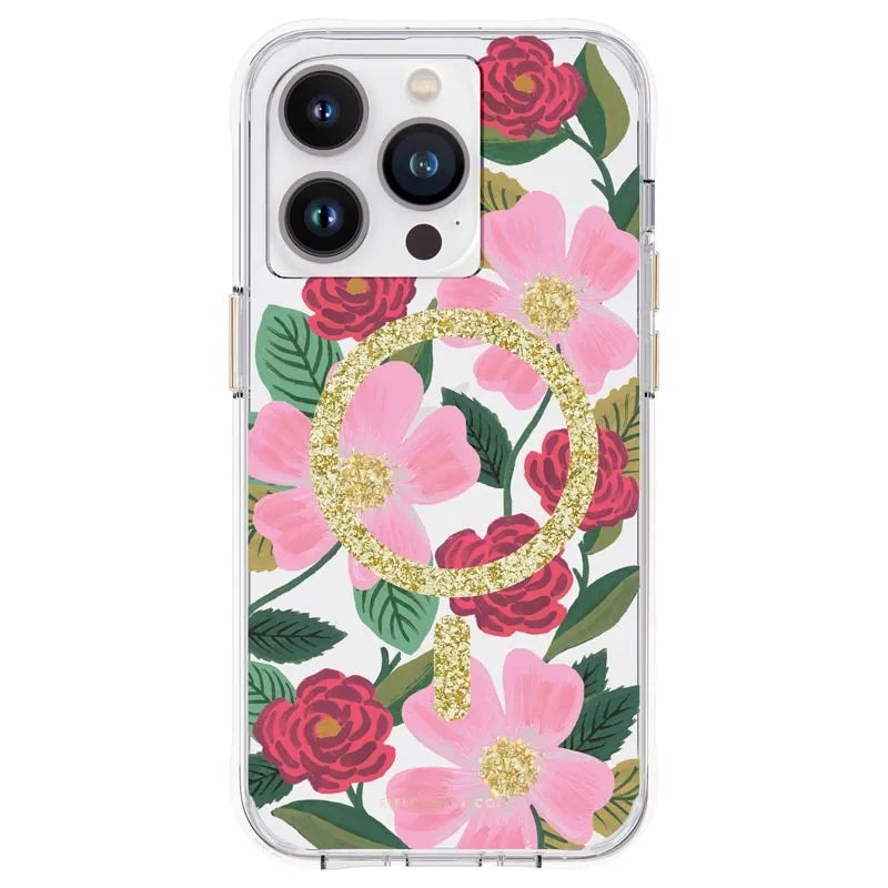 Rifle Paper Clear MagSafe – Dėklas papuoštas auksu, skirtas iPhone 14 Pro (Rose Garden)