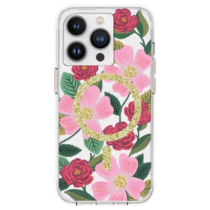 Rifle Paper Clear MagSafe – Dėklas papuoštas auksu, skirtas iPhone 14 Pro (Rose Garden)
