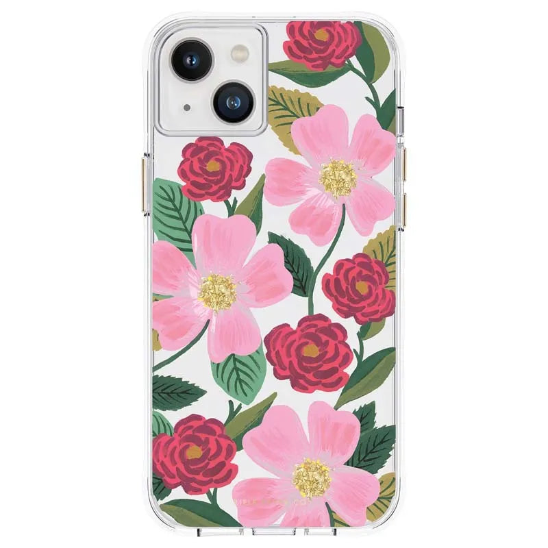 Rifle Paper Clear – permatomas dėklas su aukso spalvos dekoracija, skirtas „iPhone 14 Plus“ („Rose Garden“)