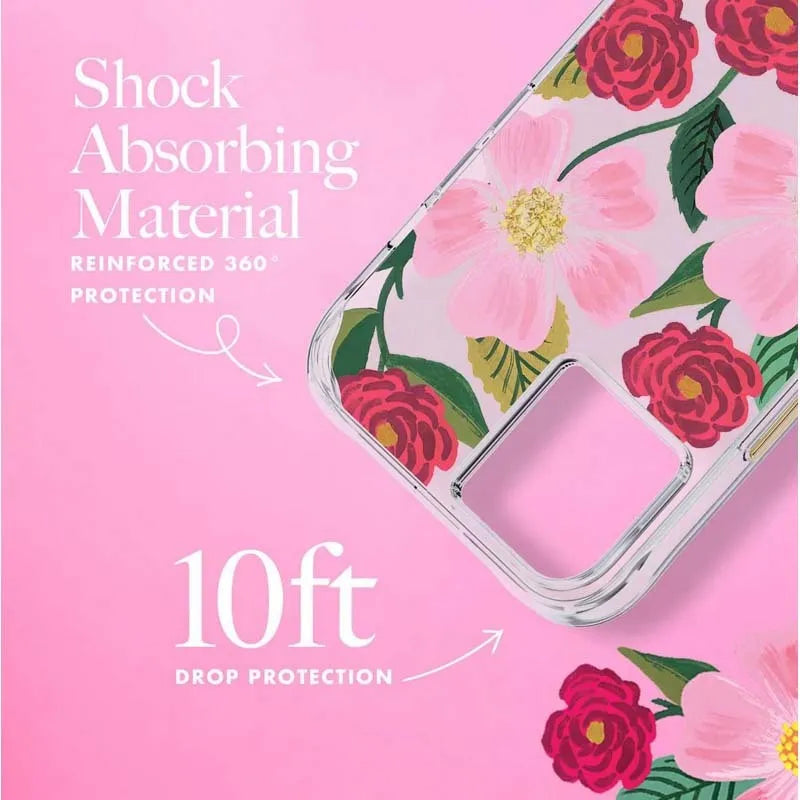 Rifle Paper Clear – permatomas dėklas su aukso spalvos dekoracija, skirtas „iPhone 14 Plus“ („Rose Garden“)