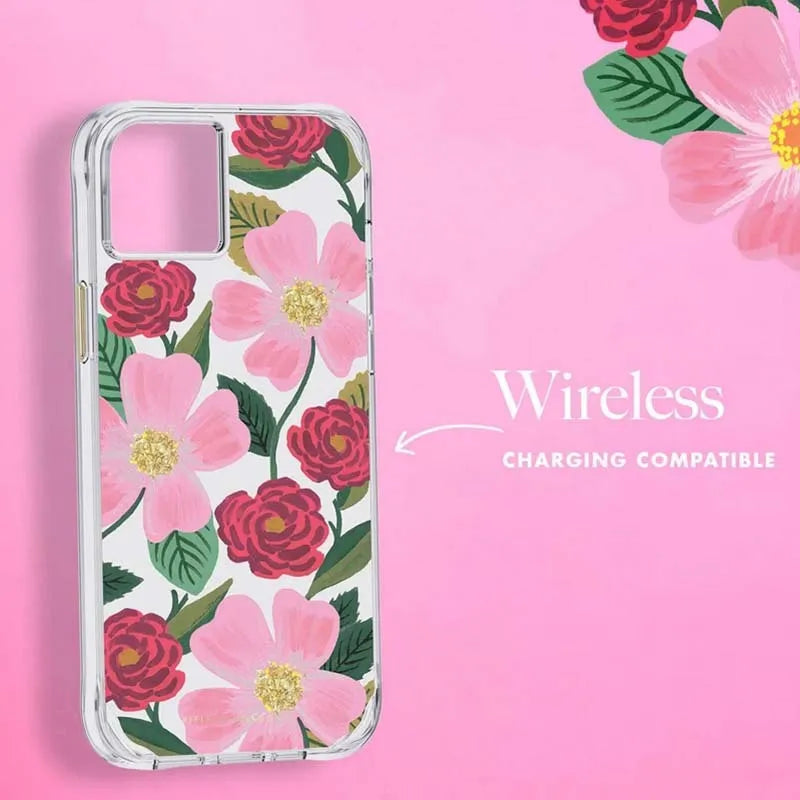 Rifle Paper Clear – permatomas dėklas su aukso spalvos dekoracija, skirtas „iPhone 14 Plus“ („Rose Garden“)